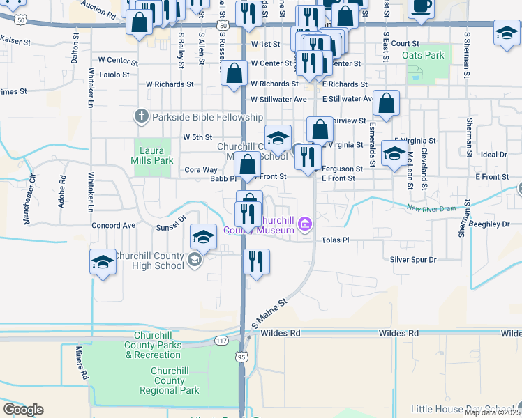 map of restaurants, bars, coffee shops, grocery stores, and more near 890 Mark Avenue in Fallon