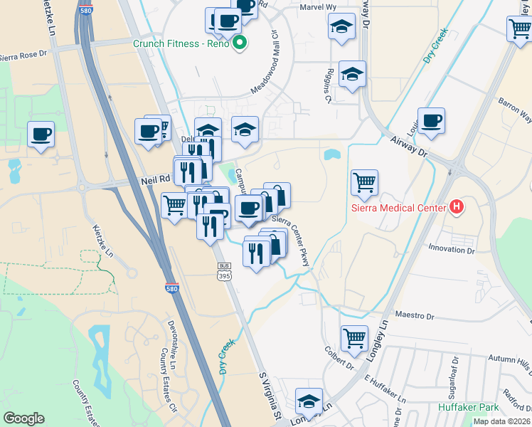 map of restaurants, bars, coffee shops, grocery stores, and more near 6840 Sierra Center Parkway in Reno