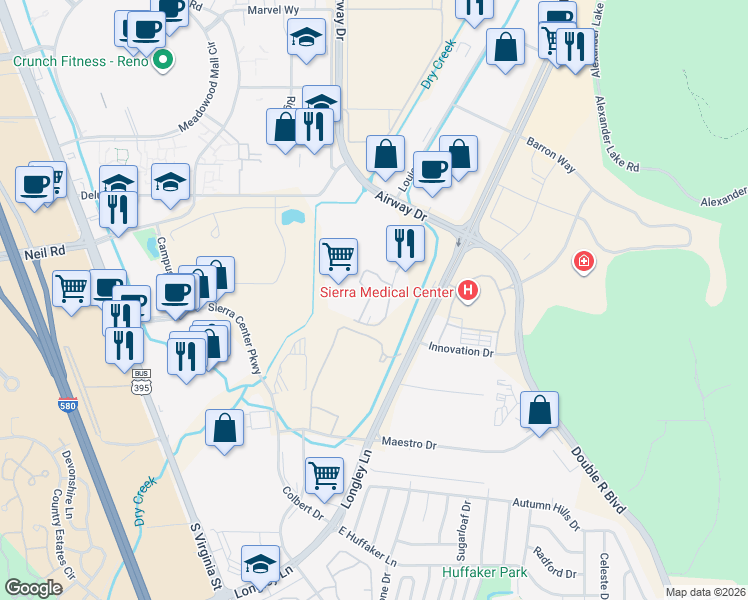 map of restaurants, bars, coffee shops, grocery stores, and more near 5599 Quail Manor Court in Reno
