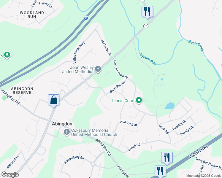 map of restaurants, bars, coffee shops, grocery stores, and more near 3812 Swift Run Drive in Abingdon