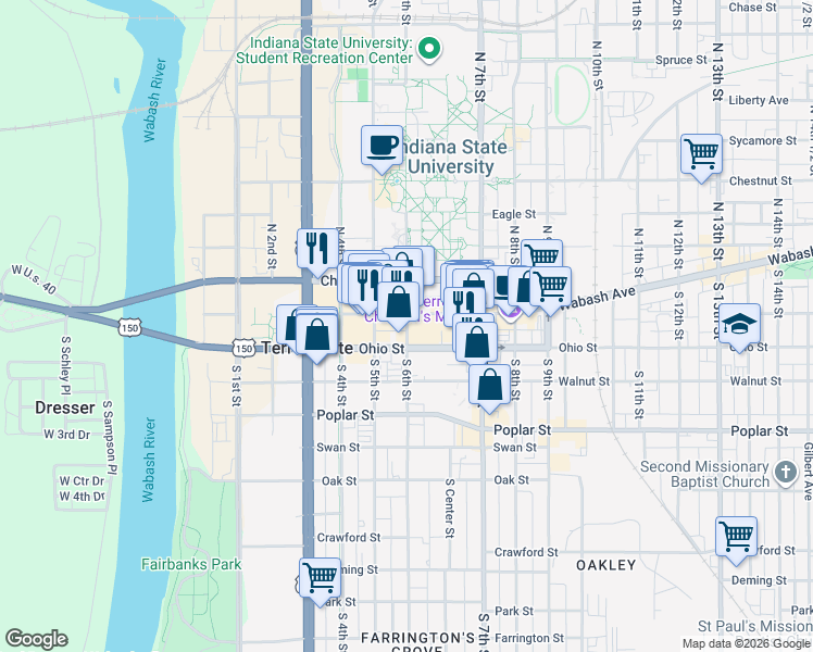 map of restaurants, bars, coffee shops, grocery stores, and more near 19 South 6th Street in Terre Haute