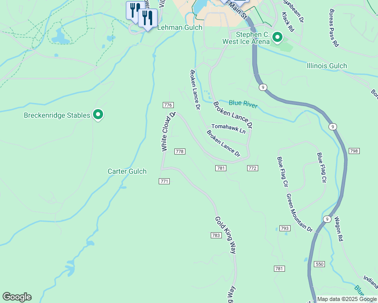 map of restaurants, bars, coffee shops, grocery stores, and more near 71 New England Drive in Breckenridge