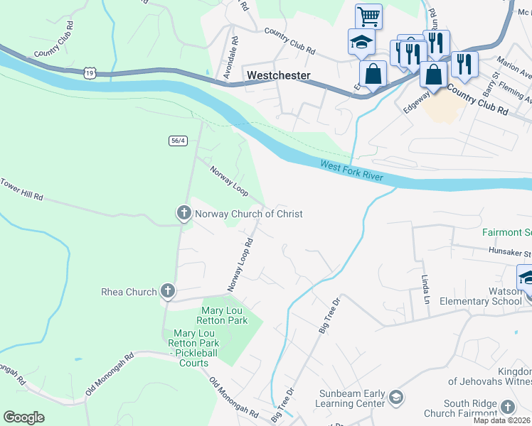 map of restaurants, bars, coffee shops, grocery stores, and more near 202 Norway Loop Road in Fairmont