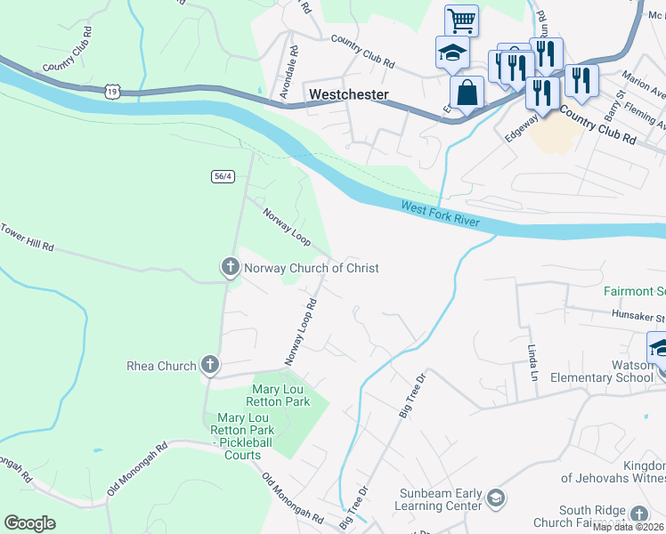 map of restaurants, bars, coffee shops, grocery stores, and more near 202 Norway Loop Road in Fairmont
