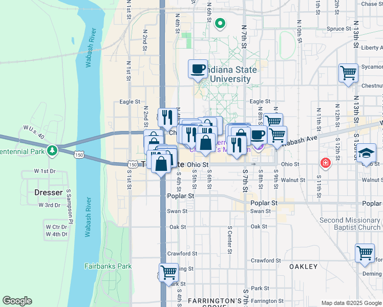 map of restaurants, bars, coffee shops, grocery stores, and more near 506 Wabash Avenue in Terre Haute