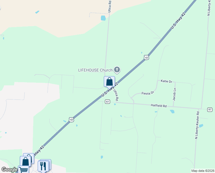 map of restaurants, bars, coffee shops, grocery stores, and more near 2095 Township Highway 42 in Lebanon