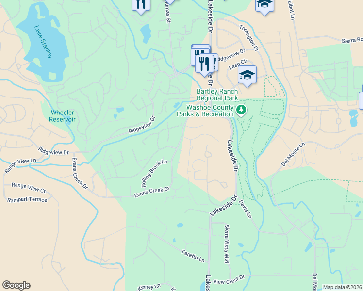 map of restaurants, bars, coffee shops, grocery stores, and more near 6324 Windy Meadow Drive in Reno