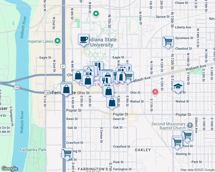 map of restaurants, bars, coffee shops, grocery stores, and more near 665 Wabash Avenue in Terre Haute