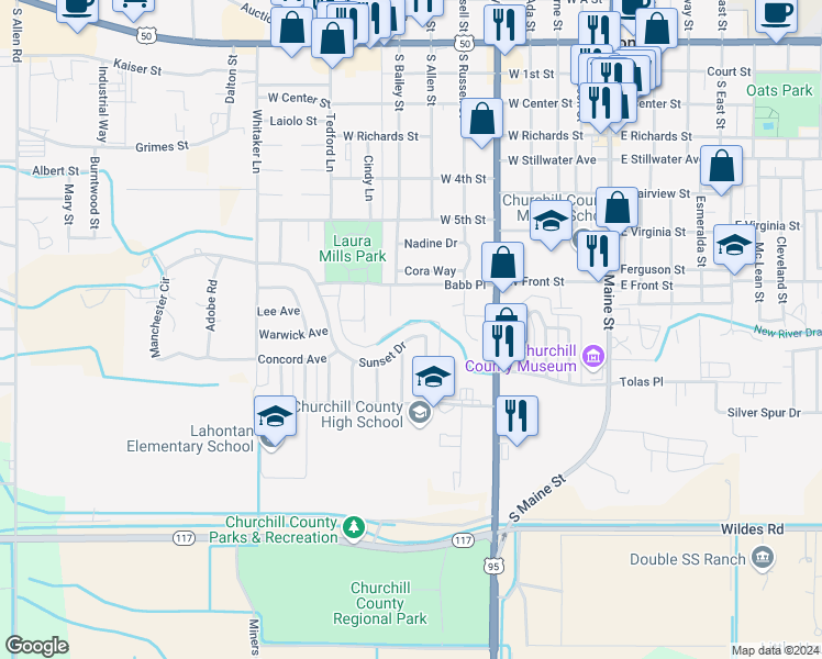 map of restaurants, bars, coffee shops, grocery stores, and more near 660 Sunset Drive in Fallon