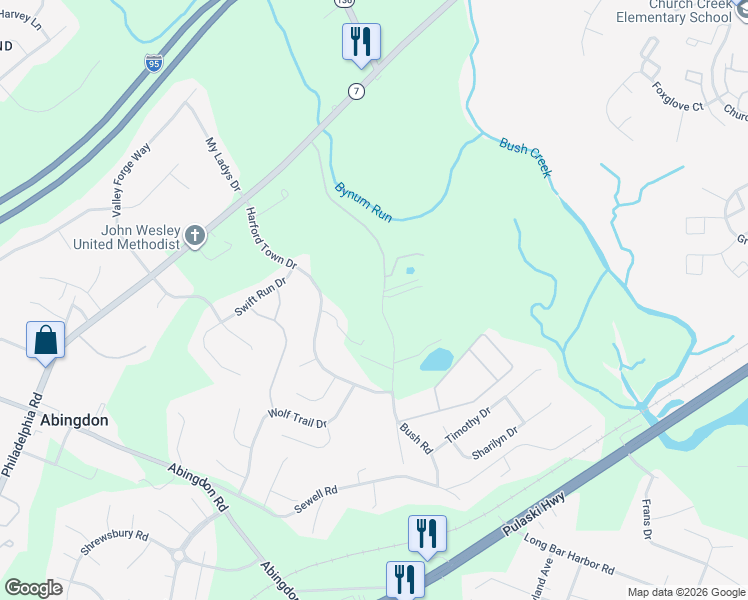 map of restaurants, bars, coffee shops, grocery stores, and more near 1234 Bush Road in Abingdon
