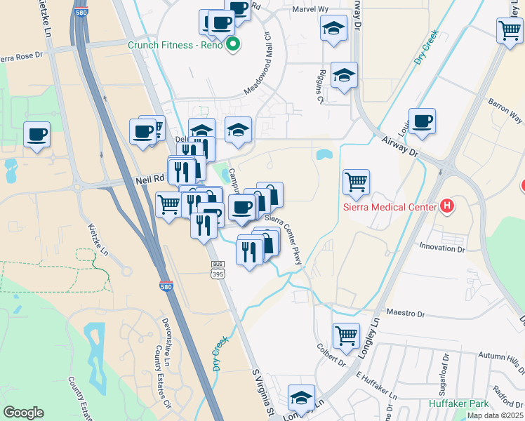 map of restaurants, bars, coffee shops, grocery stores, and more near 6840 Sierra Center Parkway in Reno