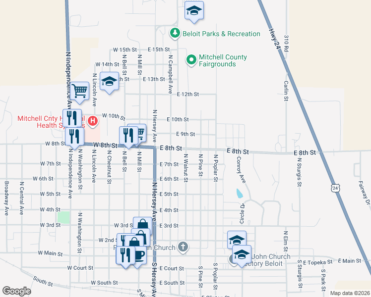 map of restaurants, bars, coffee shops, grocery stores, and more near 800 North Walnut Street in Beloit