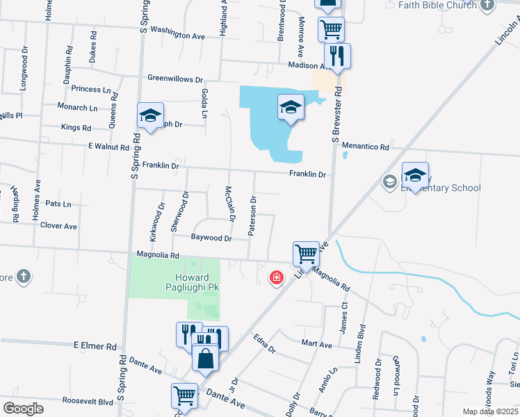 map of restaurants, bars, coffee shops, grocery stores, and more near 2432 Buttonwood Drive in Vineland