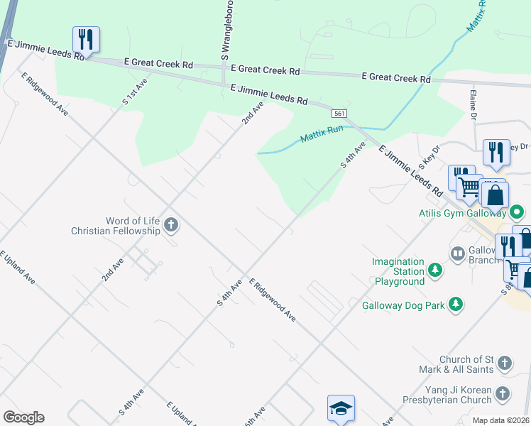 map of restaurants, bars, coffee shops, grocery stores, and more near 207 Country Lane in Galloway