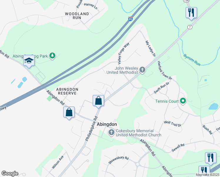 map of restaurants, bars, coffee shops, grocery stores, and more near 1404 Crystal Ridge Court in Abingdon