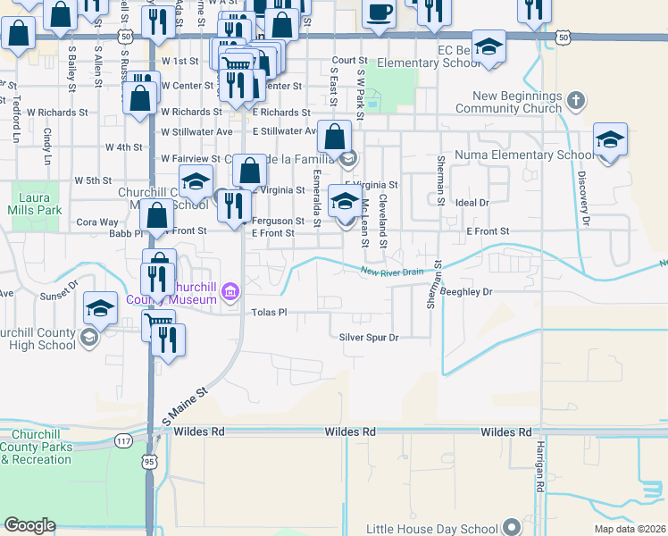map of restaurants, bars, coffee shops, grocery stores, and more near 880 Humboldt Street in Fallon