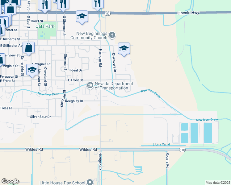 map of restaurants, bars, coffee shops, grocery stores, and more near 855 Harrigan Road in Fallon