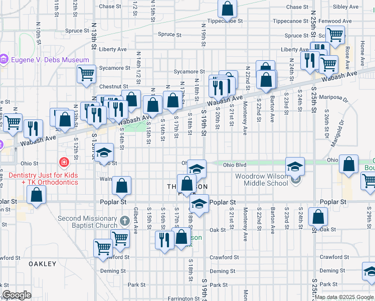 map of restaurants, bars, coffee shops, grocery stores, and more near 1715 Orchard Street in Terre Haute