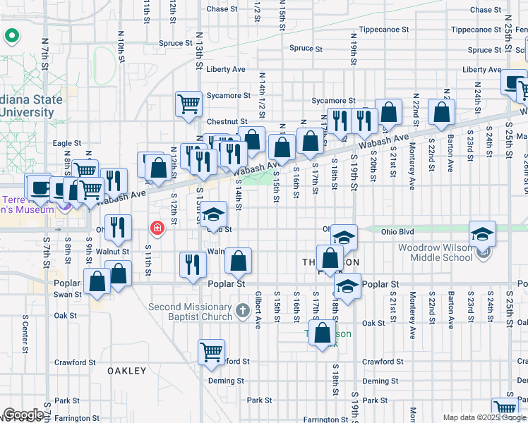 map of restaurants, bars, coffee shops, grocery stores, and more near 1417 Orchard Street in Terre Haute