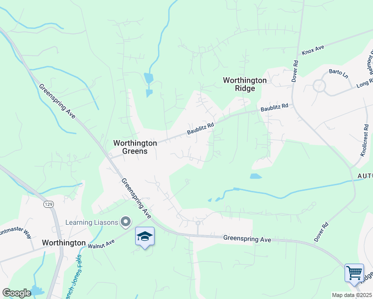 map of restaurants, bars, coffee shops, grocery stores, and more near 12509 Valley Pines Drive in Reisterstown