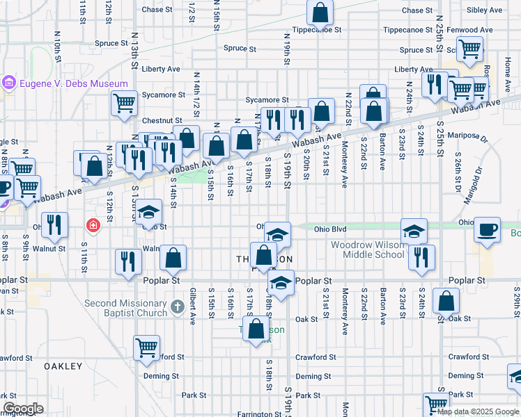 map of restaurants, bars, coffee shops, grocery stores, and more near 1715 Orchard Street in Terre Haute