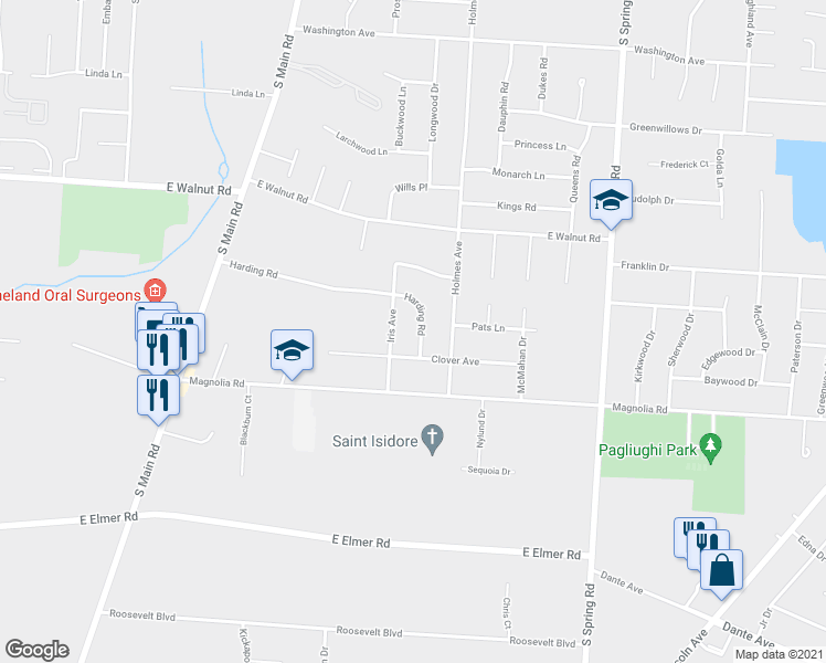 map of restaurants, bars, coffee shops, grocery stores, and more near 1268 Harding Road in Vineland