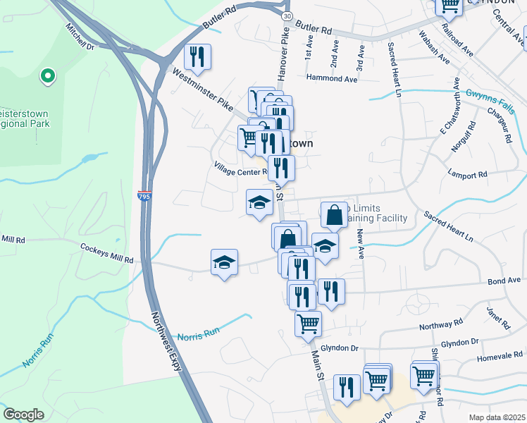 map of restaurants, bars, coffee shops, grocery stores, and more near 11 West Chatsworth Avenue in Reisterstown