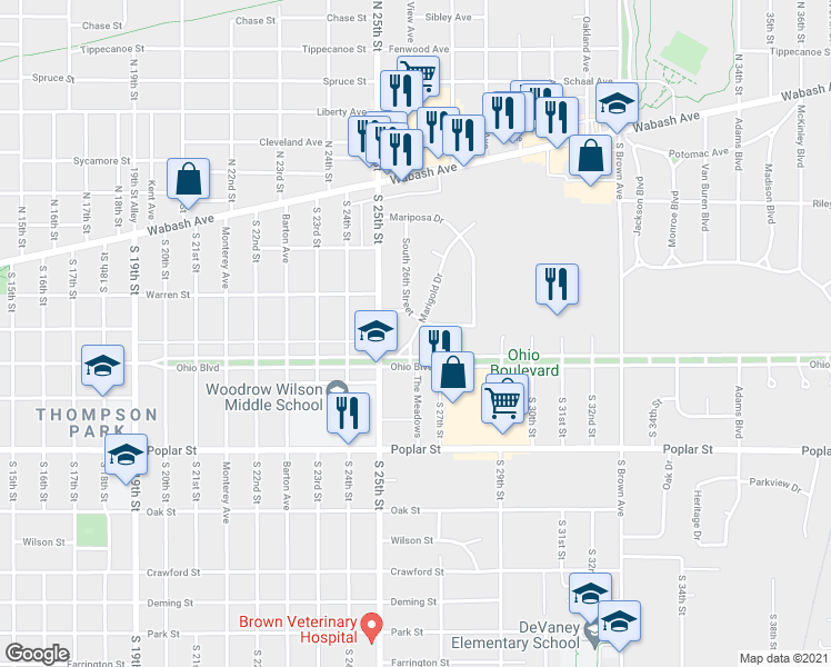 map of restaurants, bars, coffee shops, grocery stores, and more near 301 Marigold Drive in Terre Haute