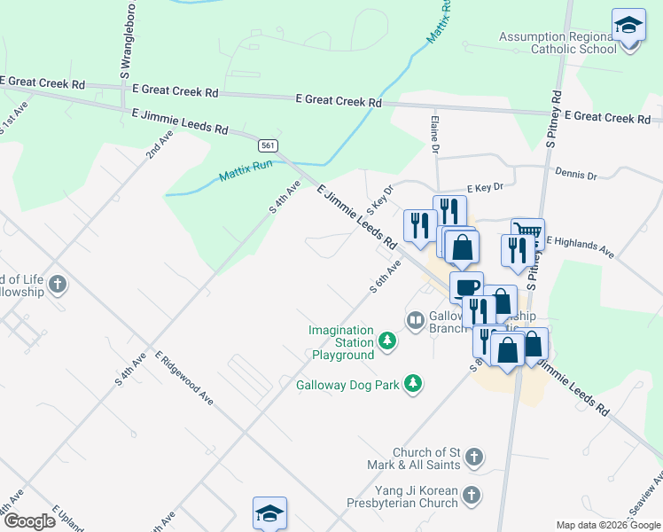 map of restaurants, bars, coffee shops, grocery stores, and more near 410 South Camelback Drive in Galloway