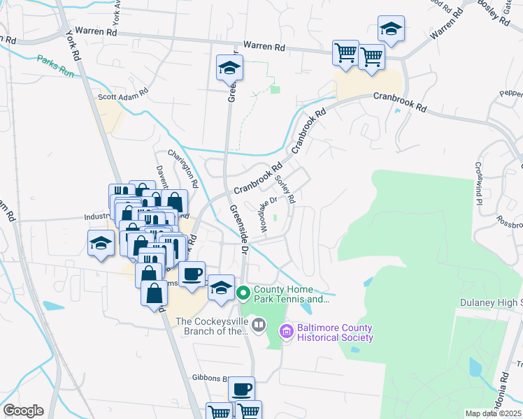 map of restaurants, bars, coffee shops, grocery stores, and more near 10107 Woodlake Drive in Cockeysville