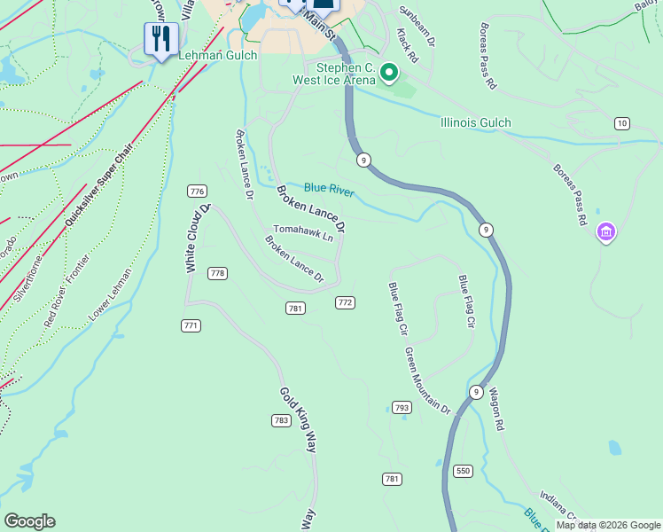 map of restaurants, bars, coffee shops, grocery stores, and more near 786 County Road 770 in Breckenridge