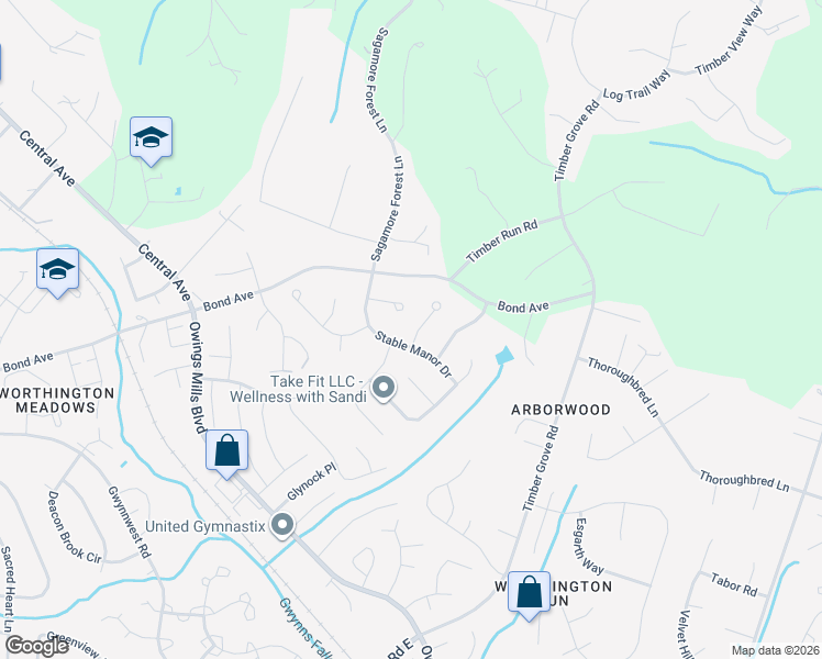 map of restaurants, bars, coffee shops, grocery stores, and more near 12302 Silver Cup Court in Reisterstown