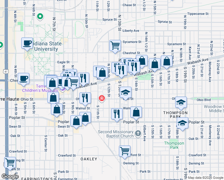 map of restaurants, bars, coffee shops, grocery stores, and more near 40 South 12th Street in Terre Haute