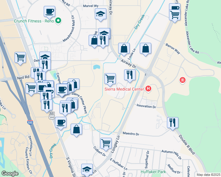 map of restaurants, bars, coffee shops, grocery stores, and more near 5555 Quail Manor Court in Reno