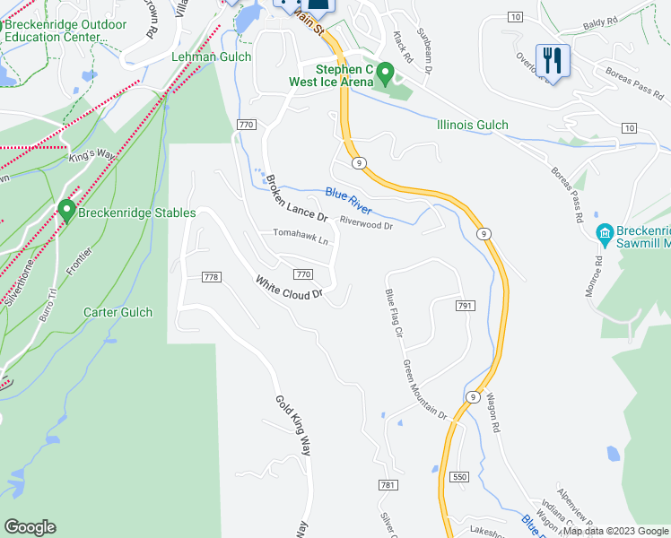 map of restaurants, bars, coffee shops, grocery stores, and more near 786 County Road 770 in Breckenridge
