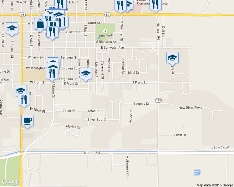 map of restaurants, bars, coffee shops, grocery stores, and more near 668 Leslie Court in Fallon