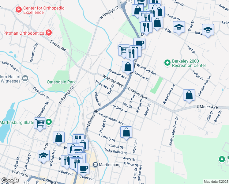 map of restaurants, bars, coffee shops, grocery stores, and more near 105 Hess Avenue in Martinsburg