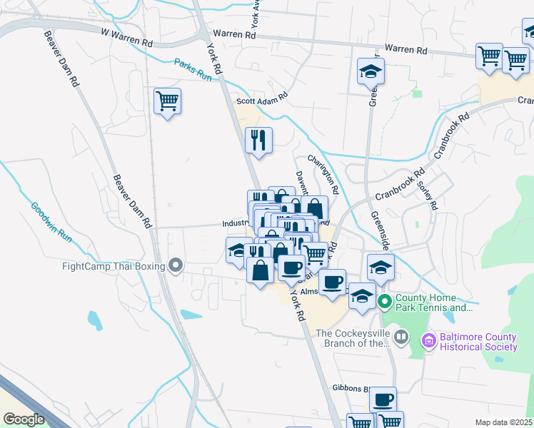 map of restaurants, bars, coffee shops, grocery stores, and more near 10153 York Road in Cockeysville