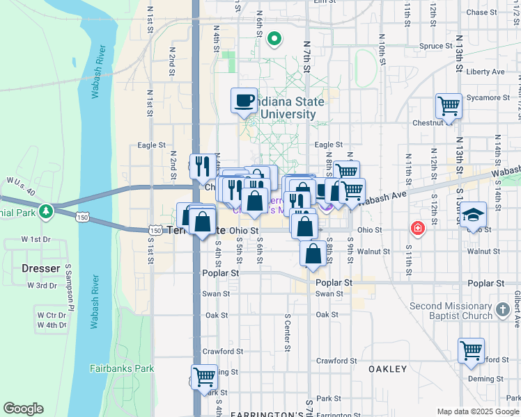 map of restaurants, bars, coffee shops, grocery stores, and more near 612 Wabash Avenue in Terre Haute