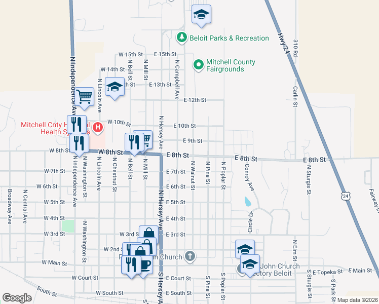 map of restaurants, bars, coffee shops, grocery stores, and more near 800-898 North Walnut Street in Beloit