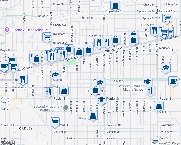 map of restaurants, bars, coffee shops, grocery stores, and more near 1699 Orchard Street in Terre Haute