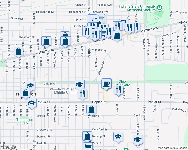 map of restaurants, bars, coffee shops, grocery stores, and more near 301-325 Marigold Dr in Terre Haute
