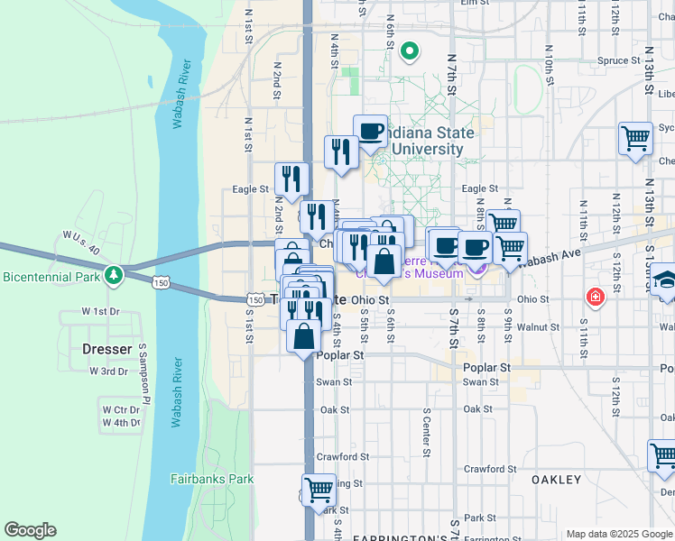 map of restaurants, bars, coffee shops, grocery stores, and more near 400 Wabash Avenue in Terre Haute