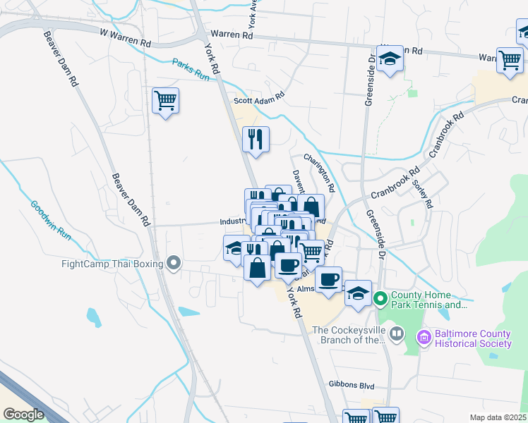 map of restaurants, bars, coffee shops, grocery stores, and more near 10153 York Road in Cockeysville
