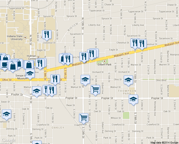 map of restaurants, bars, coffee shops, grocery stores, and more near 1330 Orchard Street in Terre Haute