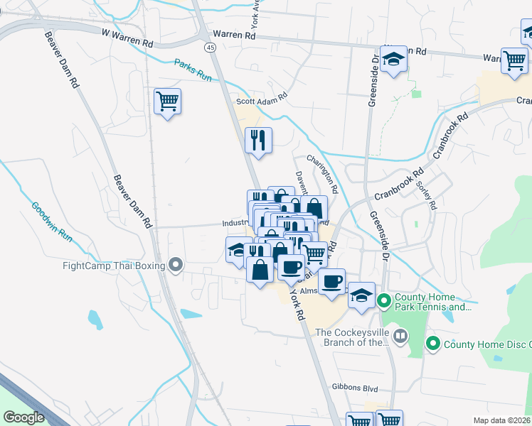 map of restaurants, bars, coffee shops, grocery stores, and more near 10155 York Road in Cockeysville