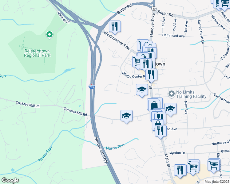 map of restaurants, bars, coffee shops, grocery stores, and more near 179 Carolstowne Road in Reisterstown