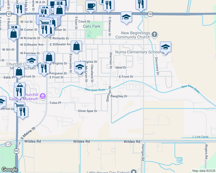 map of restaurants, bars, coffee shops, grocery stores, and more near 692 Leslie Court in Fallon
