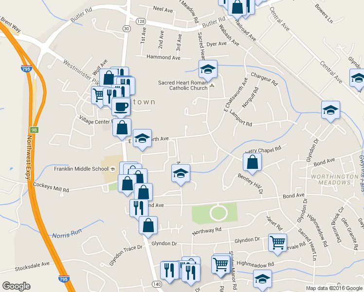 map of restaurants, bars, coffee shops, grocery stores, and more near 107 New Avenue in Reisterstown