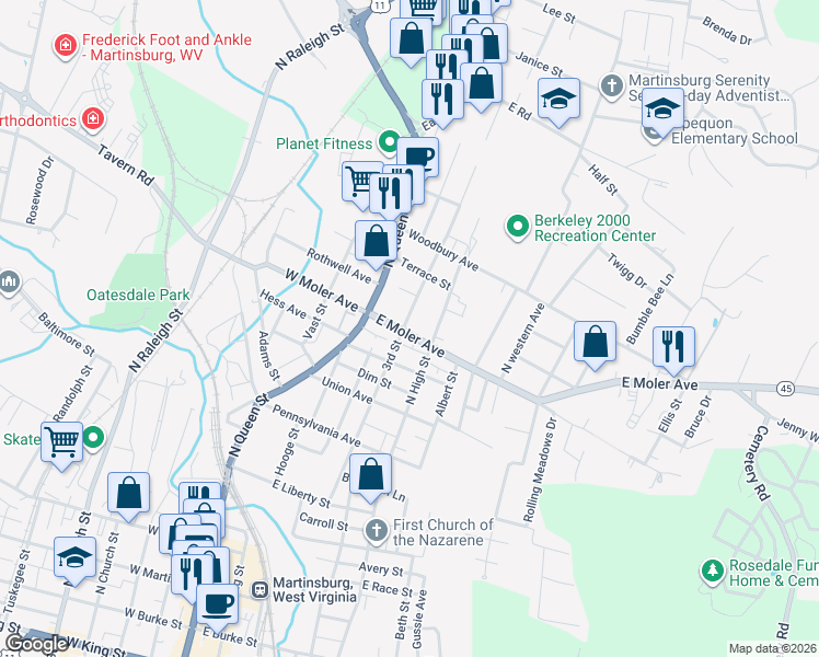 map of restaurants, bars, coffee shops, grocery stores, and more near 201 East Moler Avenue in Martinsburg
